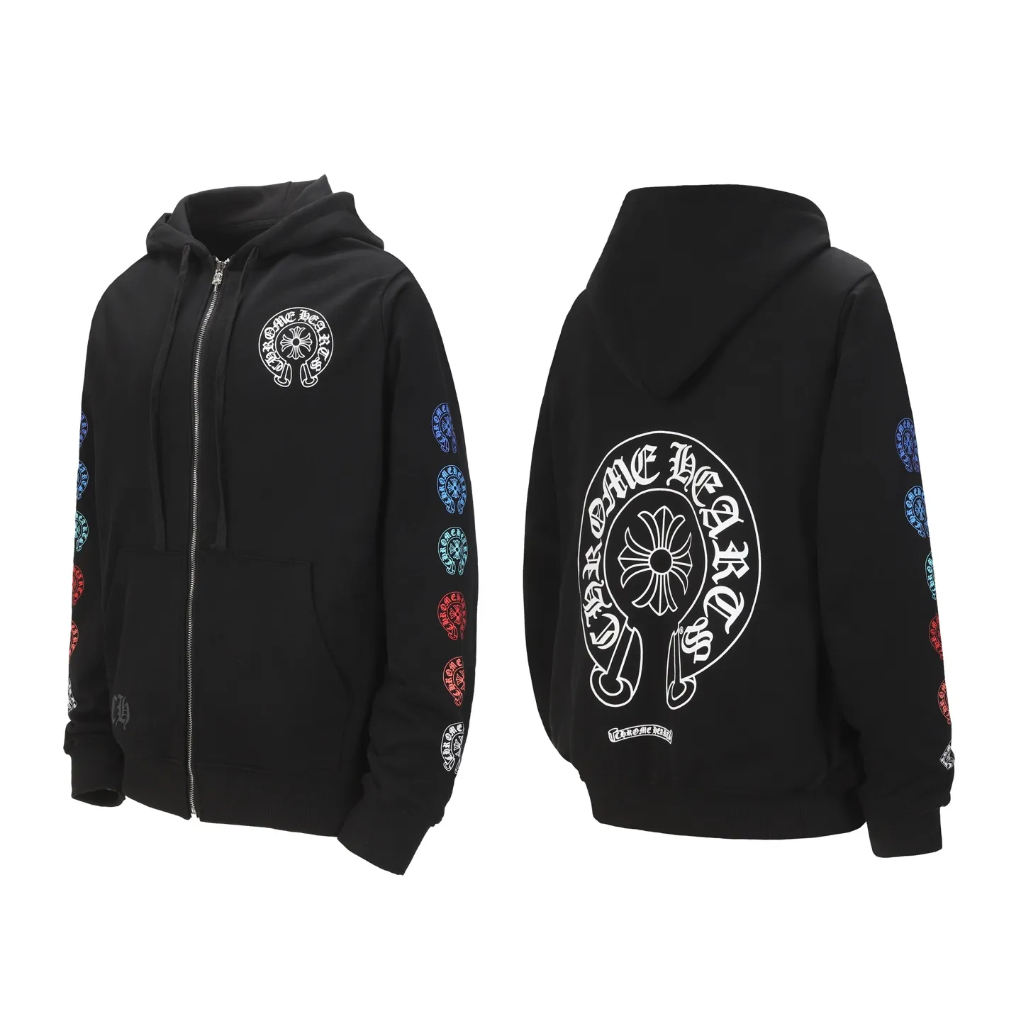 P250 Cross-border model, please do not place an order if you are pursuing quality - Chrome Hearts/Chrome Hearts colorful horseshoe Sanskrit printed zipper sweatshirt cardigan jacket - High weight, high density and high quality. The wool is soft, delicate and skin-friendly. It feels soft and silky. It has excellent warmth and skin-friendly properties. - Custom-woven and dyed, no color difference. No matter the fabric or workmanship details, it beats the ordinary version on the market. - Hardware and zipper accessories are all customized. Full of details. -Colour: black white -Size: S M L XL